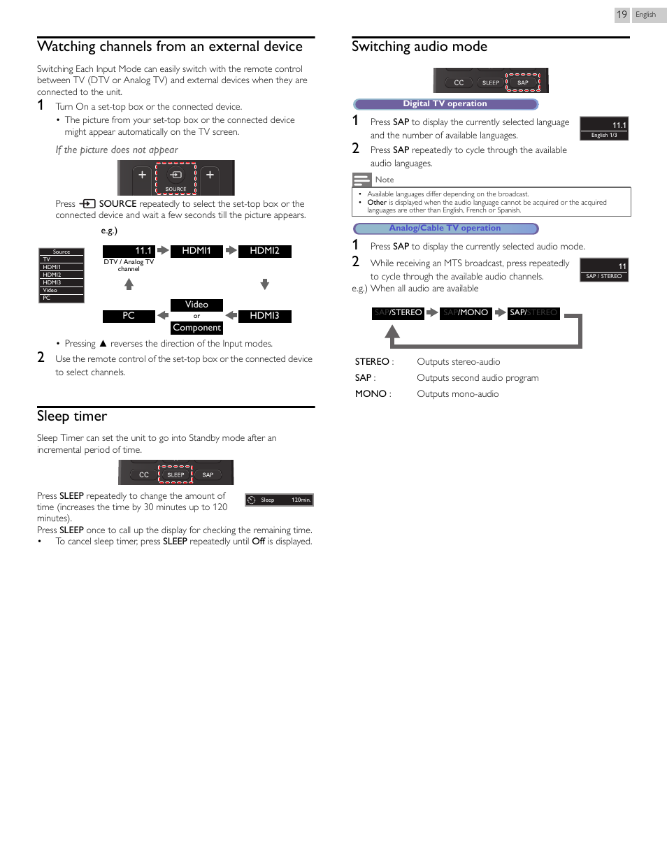 Watching channels from an external device, Sleep timer, Switching audio mode | Switching audio mode 1 | Philips 24PFL4508-F7 User Manual | Page 19 / 39