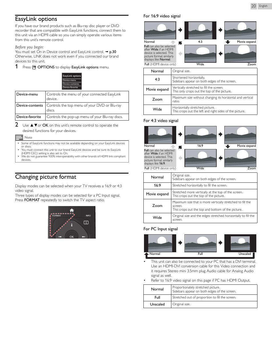 Easylink options, Changing picture format | Philips 24PFL4508-F7 User Manual | Page 20 / 39