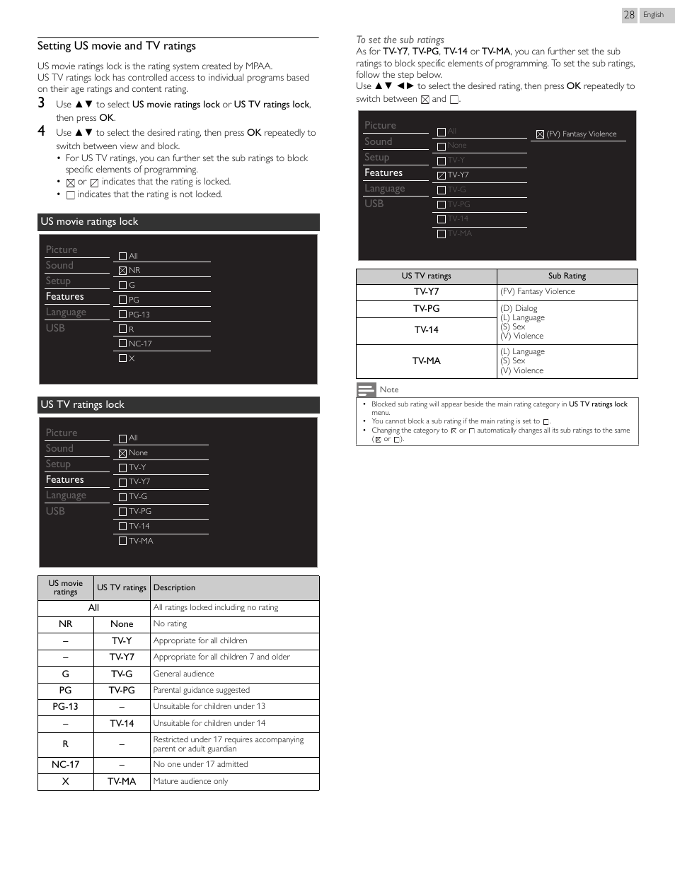 Setting us movie and tv ratings | Philips 24PFL4508-F7 User Manual | Page 28 / 39