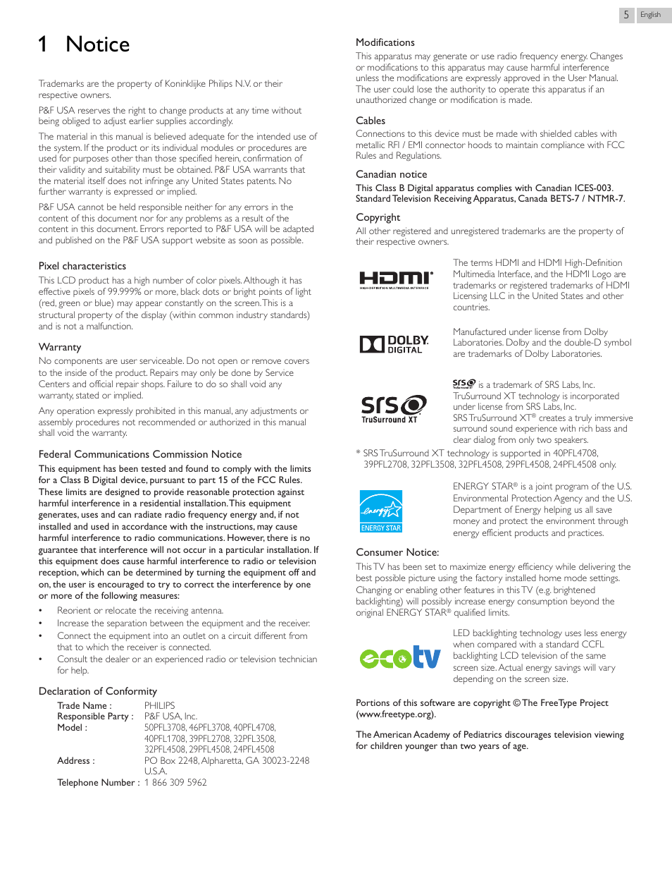 1 notice | Philips 24PFL4508-F7 User Manual | Page 5 / 39