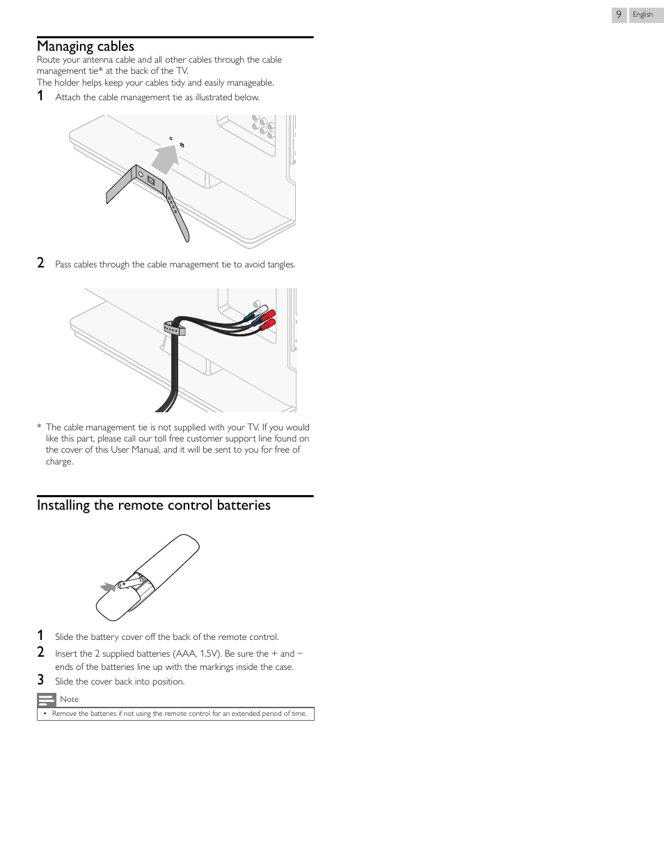 Managing cables, Installing the remote control batteries, Installing the remote control batteries 1 | Philips 24PFL4508-F7 User Manual | Page 9 / 39