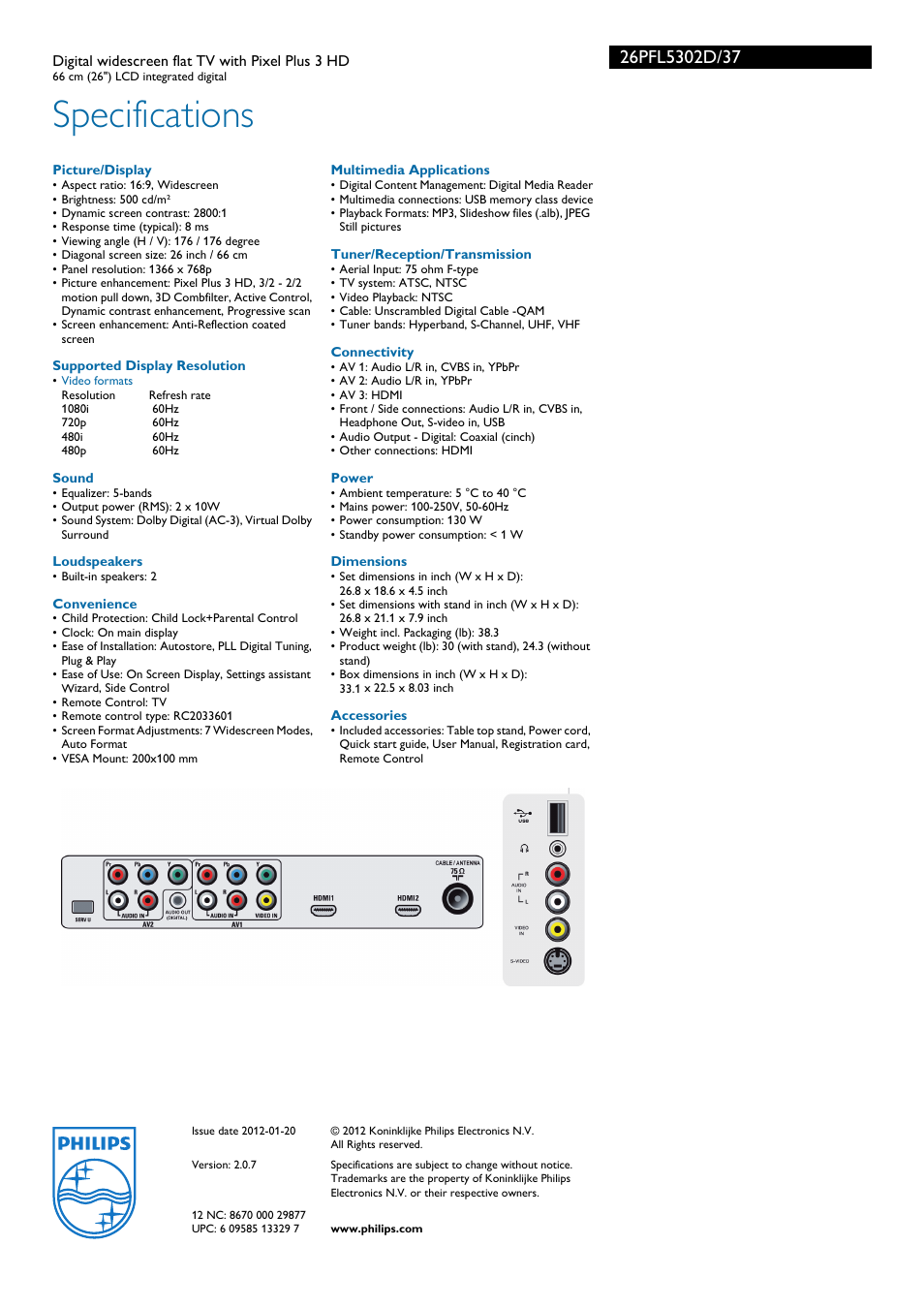 Specifications | Philips 26PFL5302D-37 User Manual | Page 3 / 3