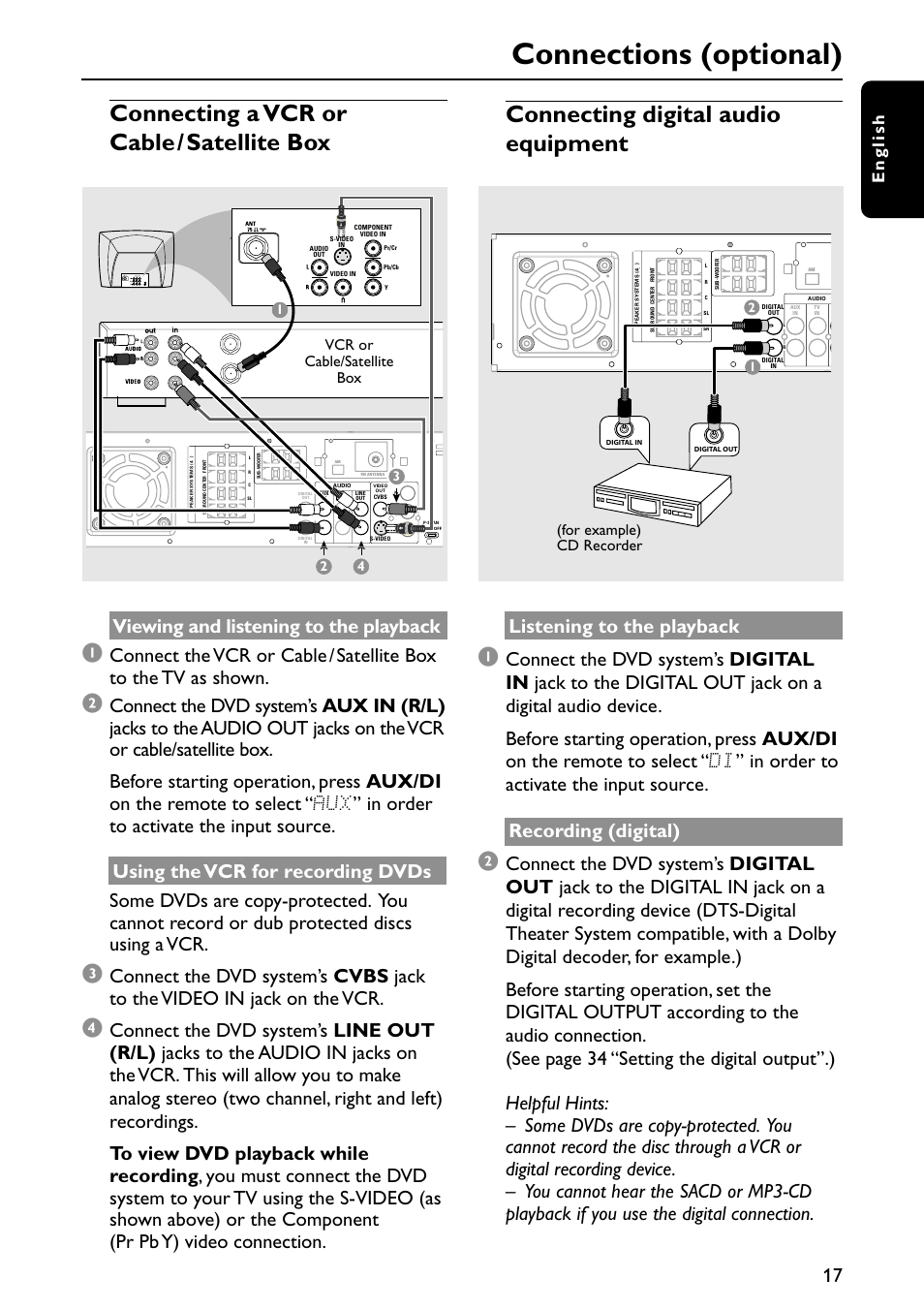 Connections (optional), Connecting a vcr or cable / satellite box, Connecting digital audio equipment | Viewing and listening to the playback, English, Vcr or cable/satellite box, For example) cd recorder | Philips MX5900SA-37B User Manual | Page 17 / 52