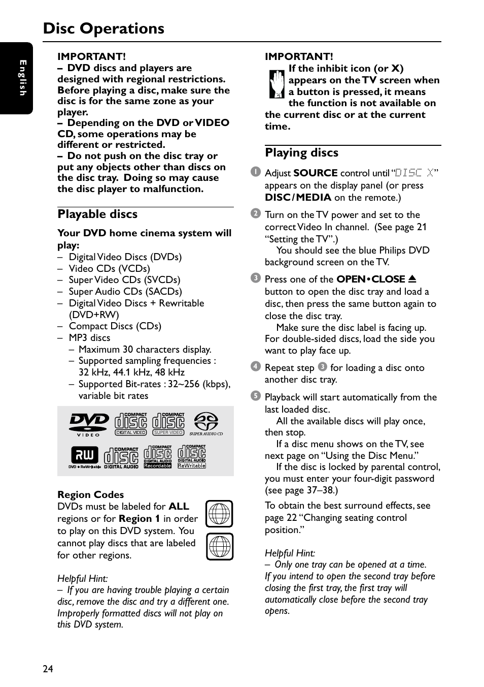 Disc operations, Playable discs, Playing discs 1 | Philips MX5900SA-37B User Manual | Page 24 / 52