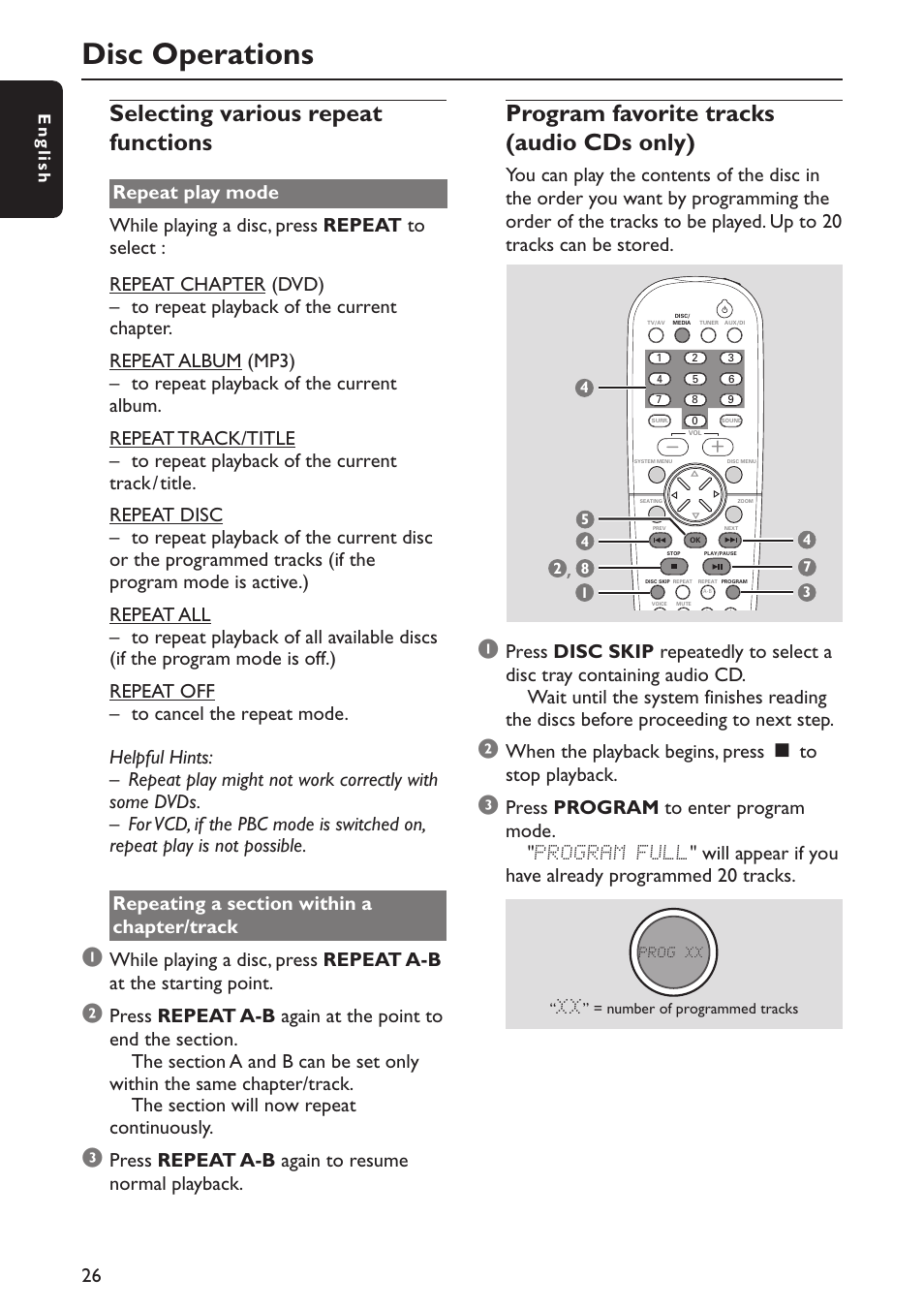 Disc operations, Selecting various repeat functions, Program favorite tracks (audio cds only) | Press repeat a-b again to resume normal playback, When the playback begins, press ç to stop playback | Philips MX5900SA-37B User Manual | Page 26 / 52