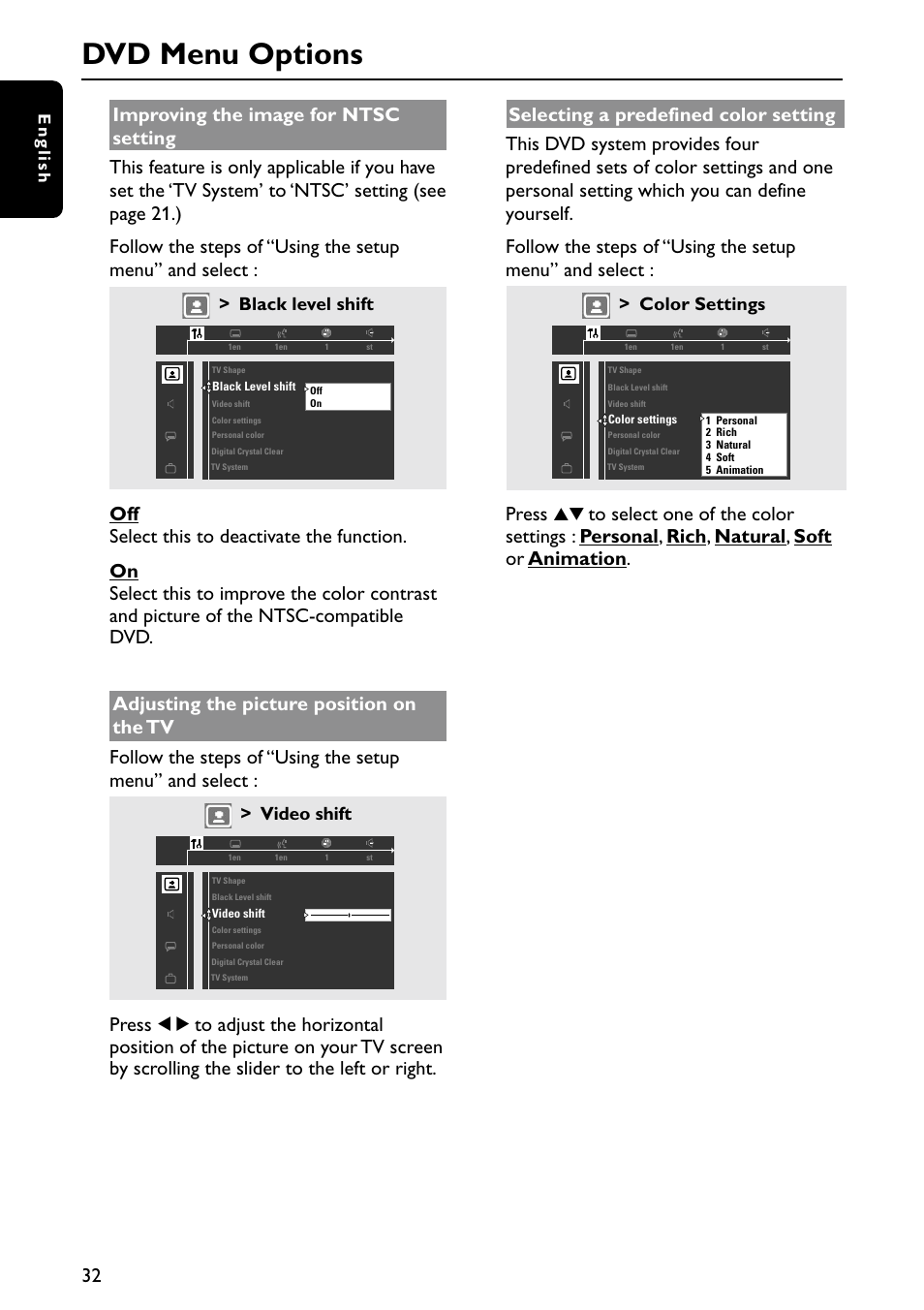 Dvd menu options, Black level shift, Video shift | Color settings, English | Philips MX5900SA-37B User Manual | Page 32 / 52