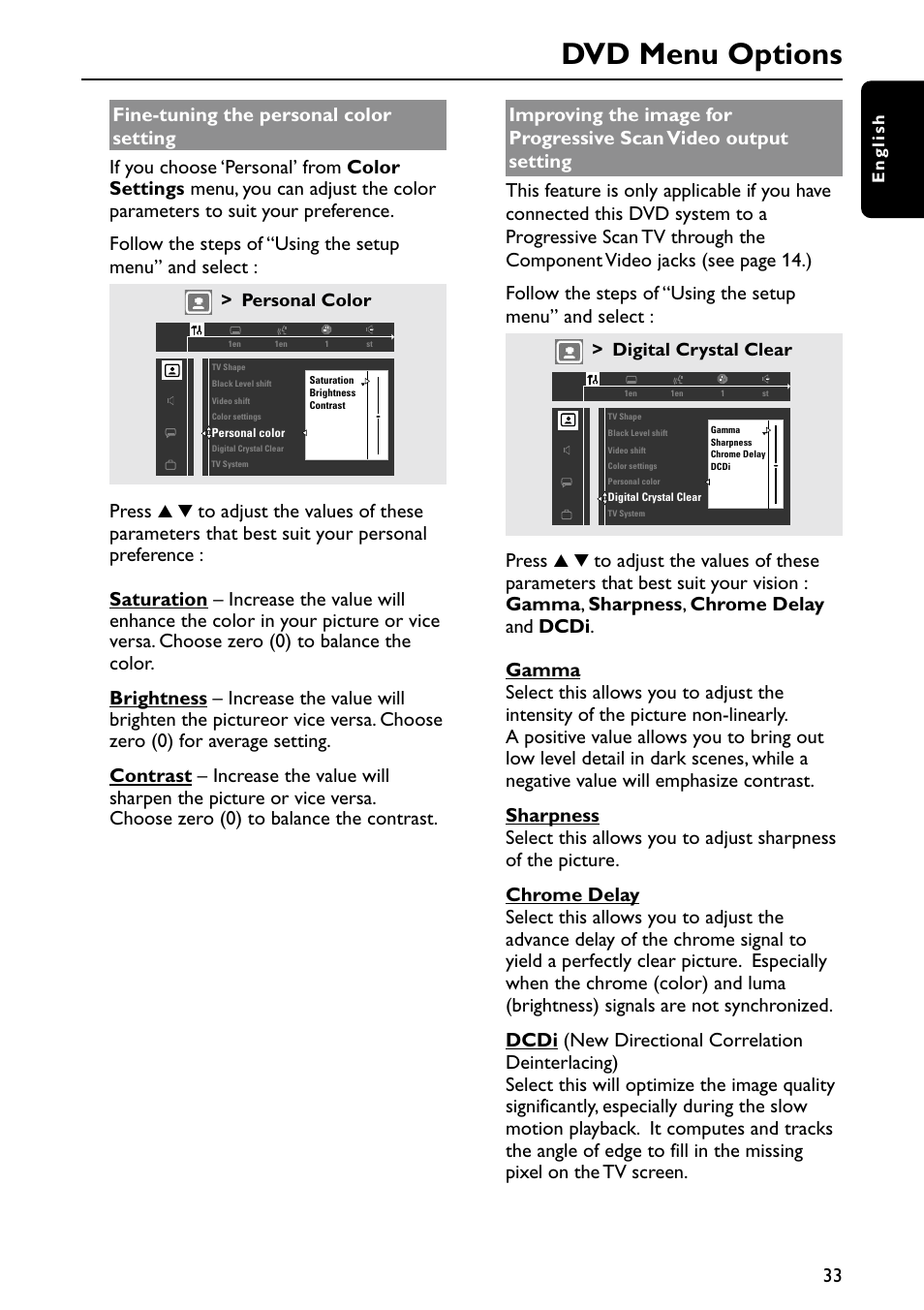 Dvd menu options, Personal color, Digital crystal clear | Philips MX5900SA-37B User Manual | Page 33 / 52