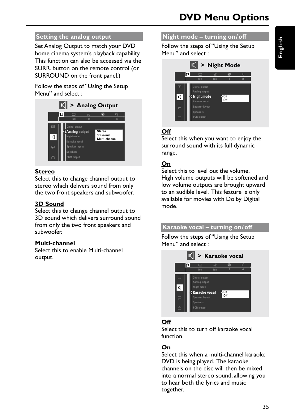 Dvd menu options, Analog output, Night mode | Karaoke vocal, English | Philips MX5900SA-37B User Manual | Page 35 / 52