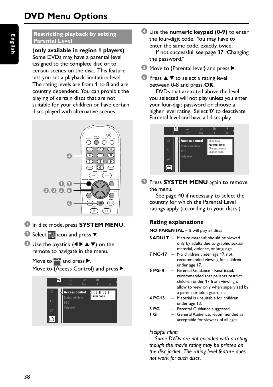 Dvd menu options, Select icon and press 4, Move to {parental level} and press 2 | English | Philips MX5900SA-37B User Manual | Page 38 / 52