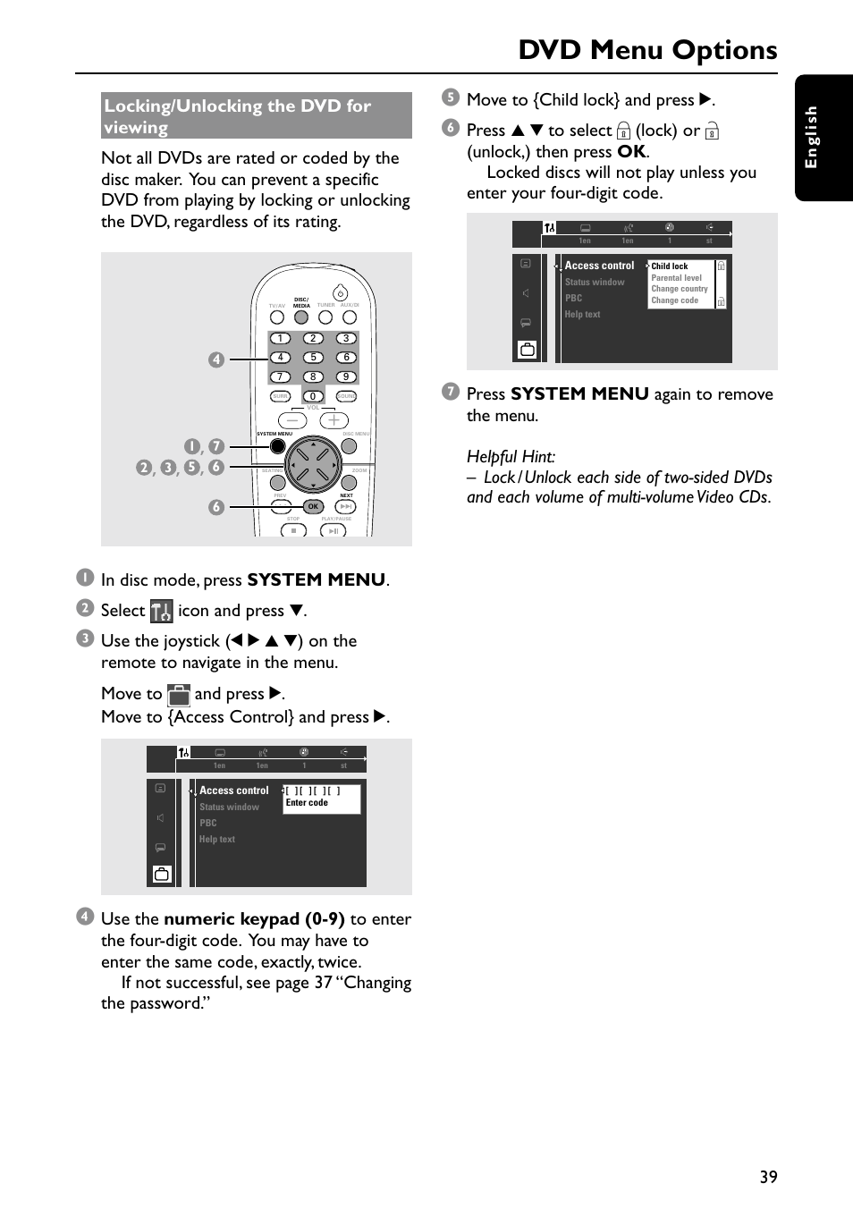 Dvd menu options, Select icon and press 4, Move to {child lock} and press 2 | English | Philips MX5900SA-37B User Manual | Page 39 / 52