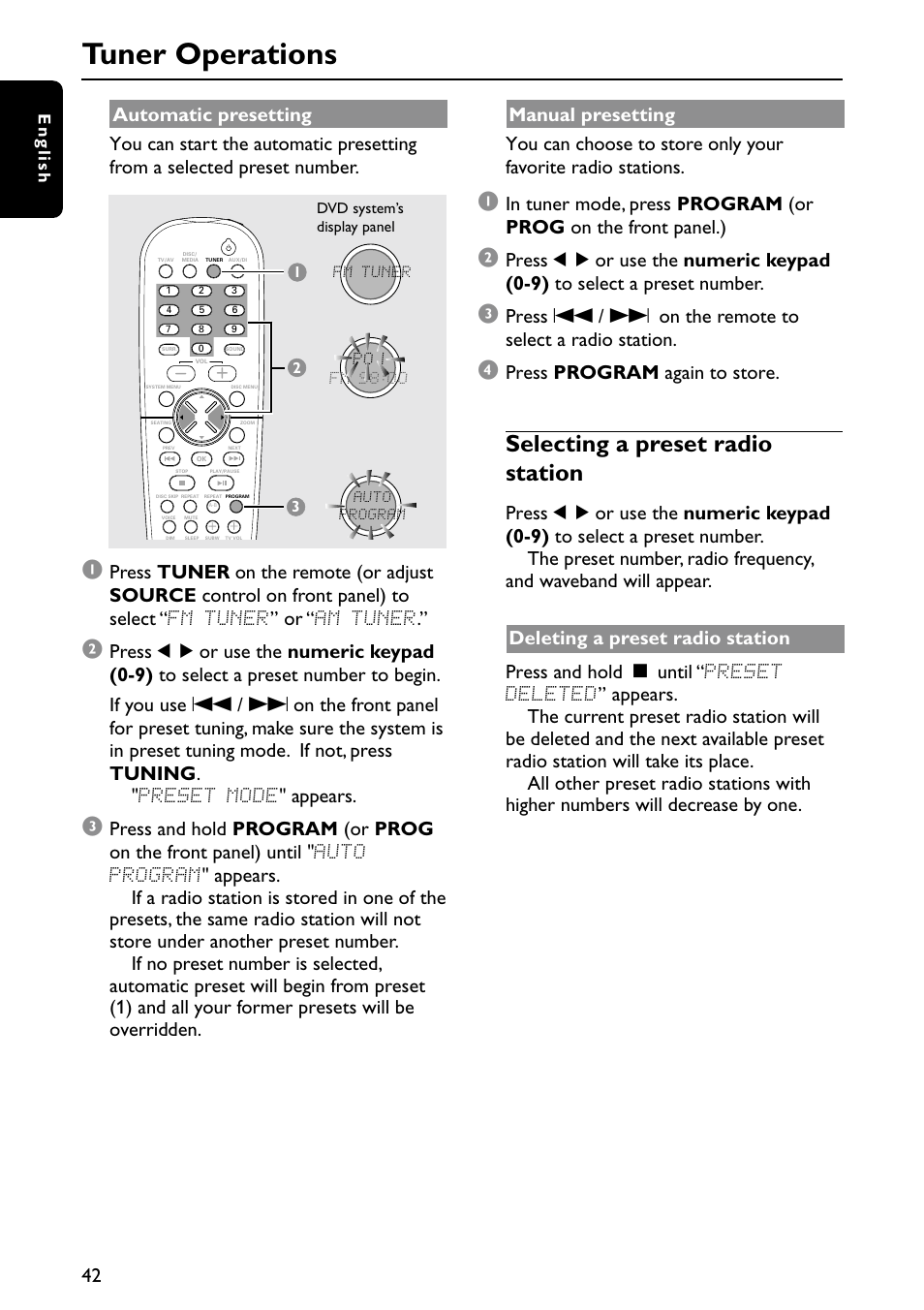 Tuner operations, Selecting a preset radio station, Press program again to store | Philips MX5900SA-37B User Manual | Page 42 / 52