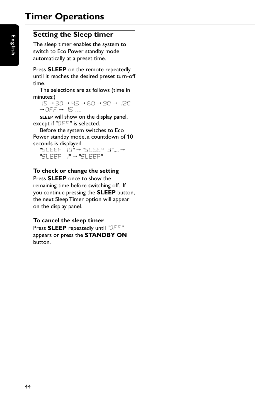 Timer operations, Setting the sleep timer | Philips MX5900SA-37B User Manual | Page 44 / 52