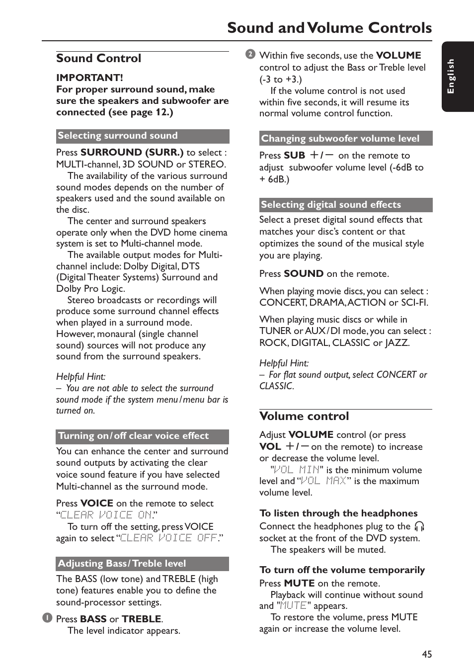 Sound and volume controls, Sound control, Volume control | Philips MX5900SA-37B User Manual | Page 45 / 52