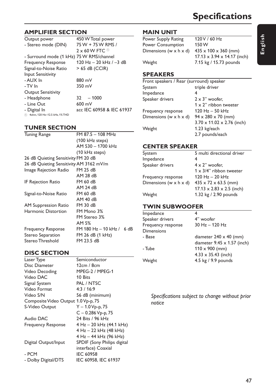 Specifications | Philips MX5900SA-37B User Manual | Page 47 / 52