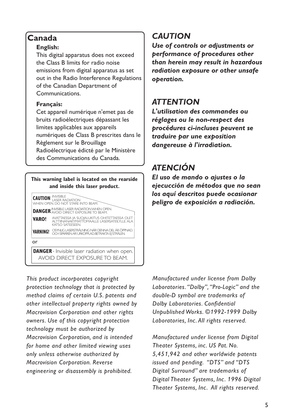 Caution, Attention, Atención | Canada | Philips MX5900SA-37B User Manual | Page 5 / 52