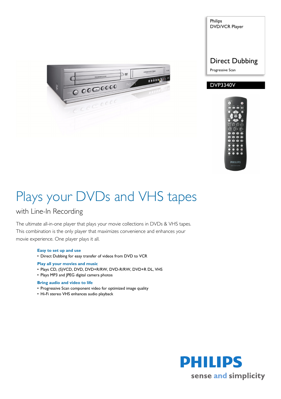 Philips DVD-VCR Player DVP3340V Direct Dubbing Progressive Scan User Manual | 2 pages