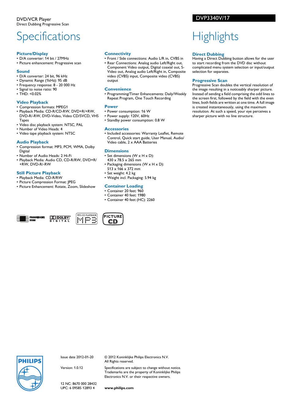 Specifications, Highlights | Philips DVD-VCR Player DVP3340V Direct Dubbing Progressive Scan User Manual | Page 2 / 2