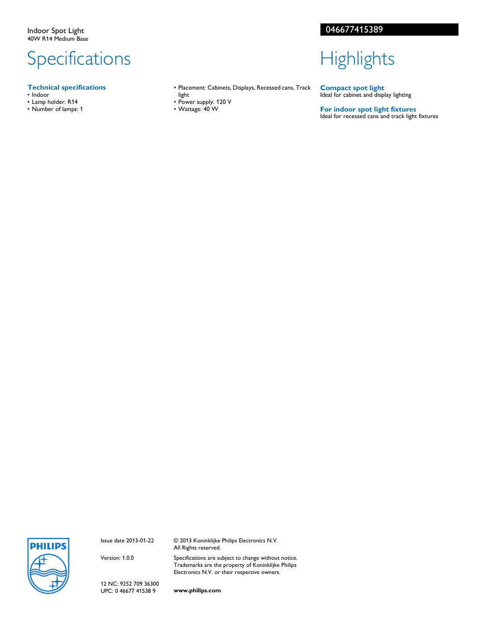 Specifications, Highlights | Philips 046677415389 User Manual | Page 2 / 2