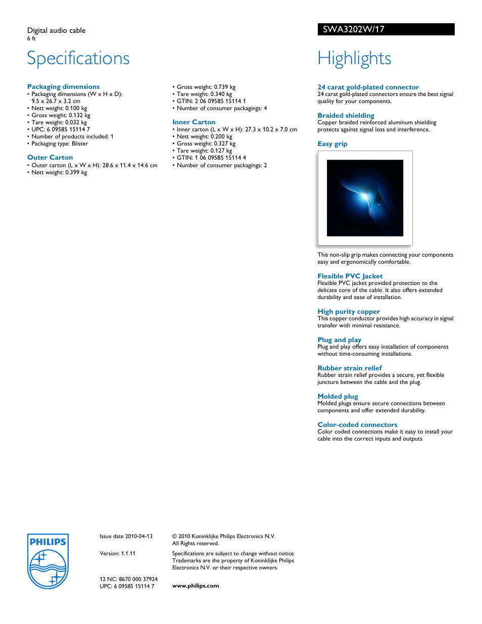 Specifications, Highlights | Philips SWA3202W-17 User Manual | Page 2 / 2