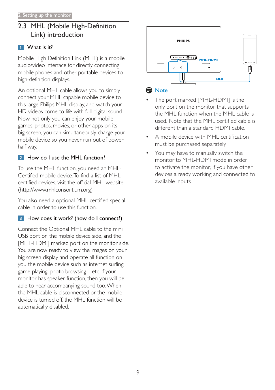 3 mhl (mobile high-definition link) introduction | Philips LCD monitor 247E4LHAB E-line 23.6" - 60 cm Full HD display with SmartImage Lite User Manual | Page 11 / 42