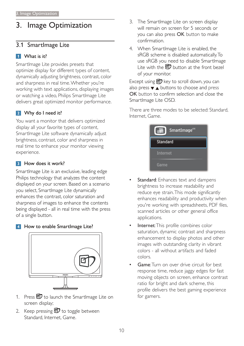 Image optimization, 1 smartimage lite | Philips LCD monitor 247E4LHAB E-line 23.6" - 60 cm Full HD display with SmartImage Lite User Manual | Page 12 / 42