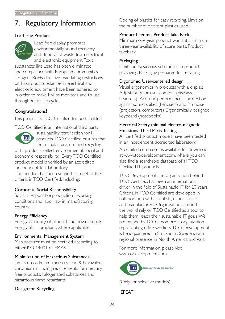 Regulatory information | Philips LCD monitor 247E4LHAB E-line 23.6" - 60 cm Full HD display with SmartImage Lite User Manual | Page 26 / 42