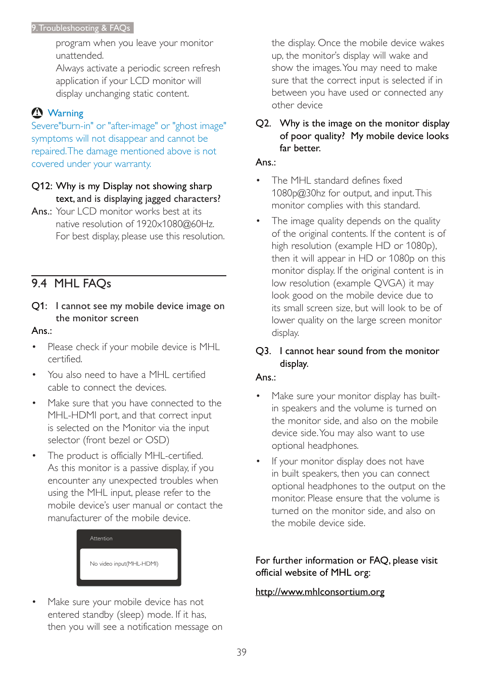 4 mhl faqs | Philips LCD monitor 247E4LHAB E-line 23.6" - 60 cm Full HD display with SmartImage Lite User Manual | Page 41 / 42
