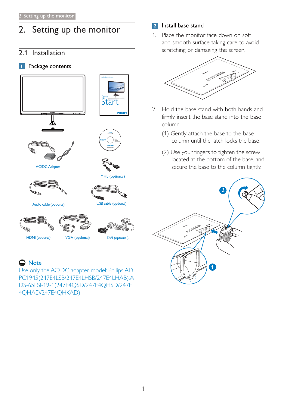 Setting up the monitor, 1 installation | Philips LCD monitor 247E4LHAB E-line 23.6" - 60 cm Full HD display with SmartImage Lite User Manual | Page 6 / 42