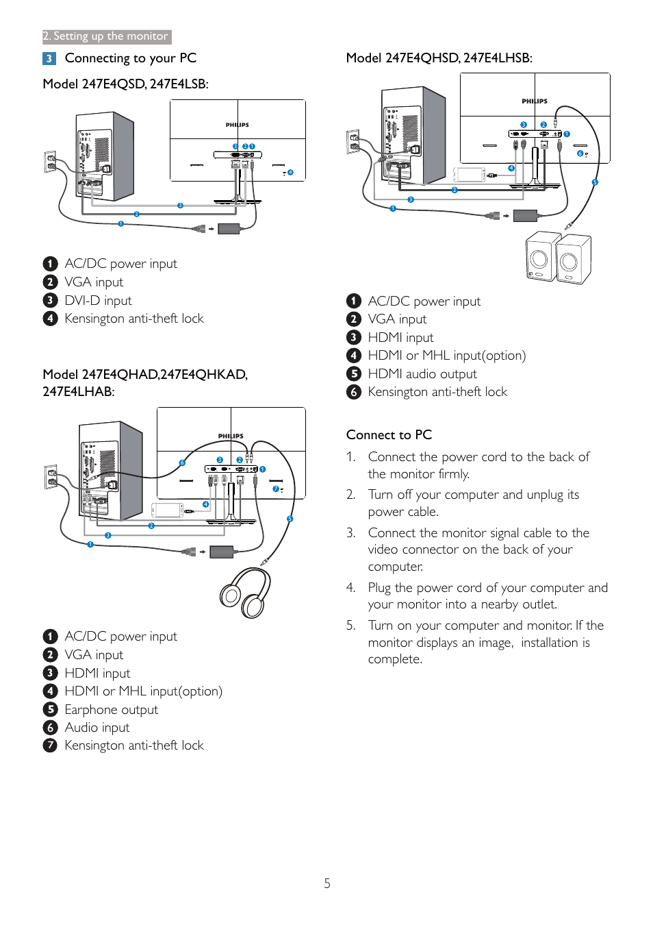 Setting up the monitor | Philips LCD monitor 247E4LHAB E-line 23.6" - 60 cm Full HD display with SmartImage Lite User Manual | Page 7 / 42