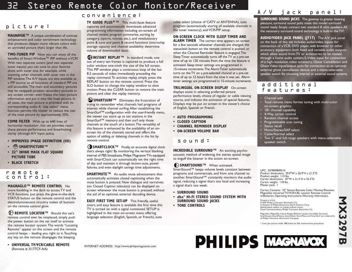 Mx3297b, 32 " stereo remote color monitor/receiver | Philips MX3297B User Manual | Page 2 / 2