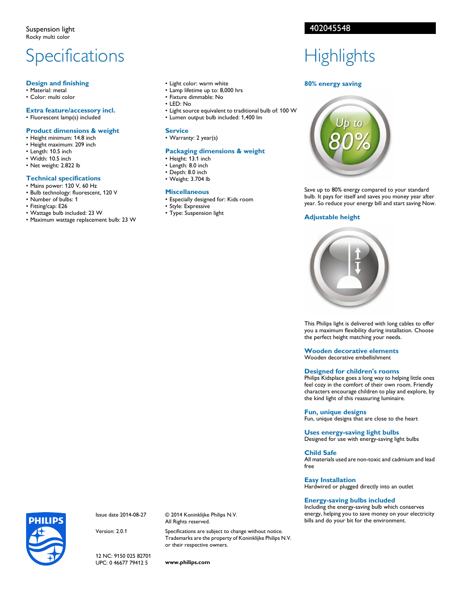 Specifications, Highlights | Philips 402045548 User Manual | Page 2 / 2