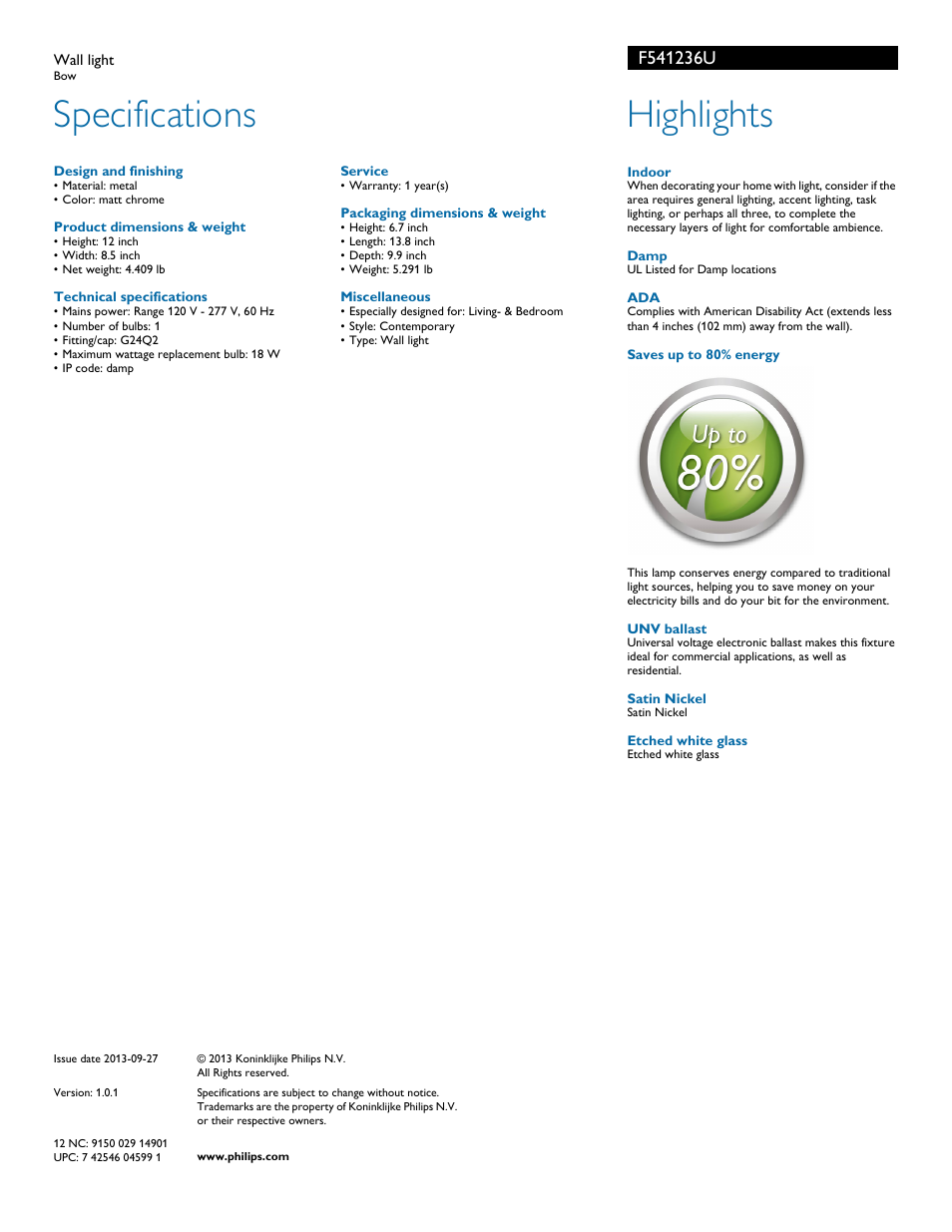 Specifications, Highlights | Philips F541236U User Manual | Page 2 / 2