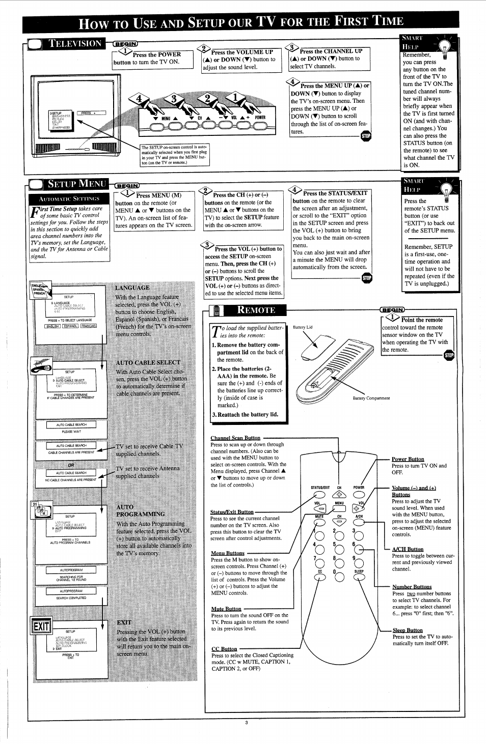 Television, Pnii, Setup menu | Remote, Bumons, O b b, Etup, Irst | Philips TS2745C User Manual | Page 3 / 8