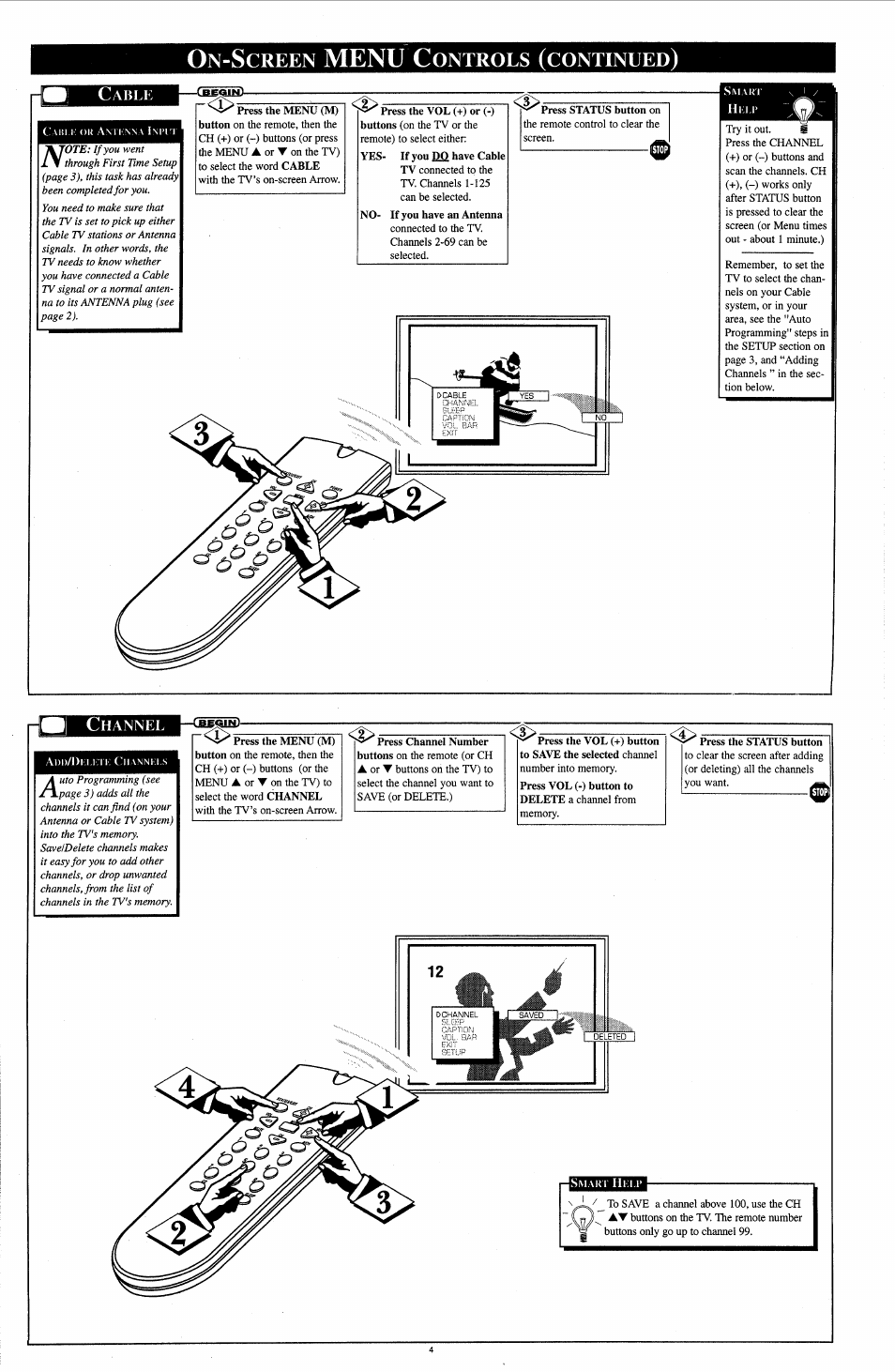 Cable, Channel, I—(щаш) | Menu c, Creen, Ontrols, Continued | Philips TS2745C User Manual | Page 4 / 8