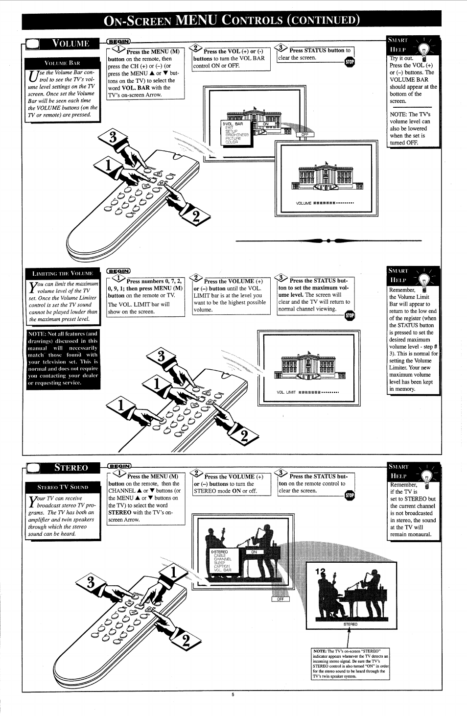 Volume, Stereo, Sltlfe | Menu, Creen, Ontrols, Continued, Jiill iii 111 iii fill | Philips TS2745C User Manual | Page 5 / 8