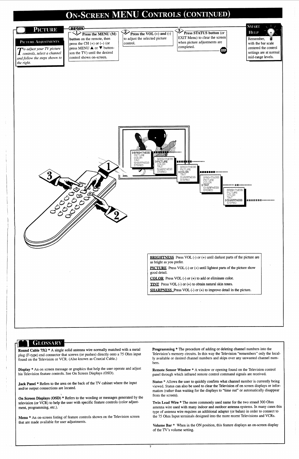 Picture, Glossary, Menu | Creen, Ontrols, Continued | Philips TS2745C User Manual | Page 7 / 8