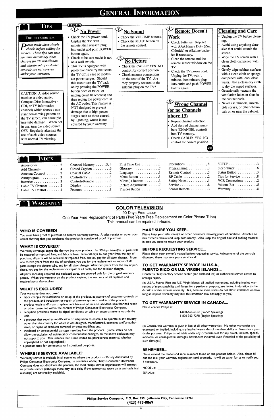 M tips, I index, Who is covered | What is covered, What is excluded, Where is service available, Make sure you keep, Before requesting service, To get warranty service in u.s.a, Puerto rico or u.s. virgin islands | Philips TS2745C User Manual | Page 8 / 8