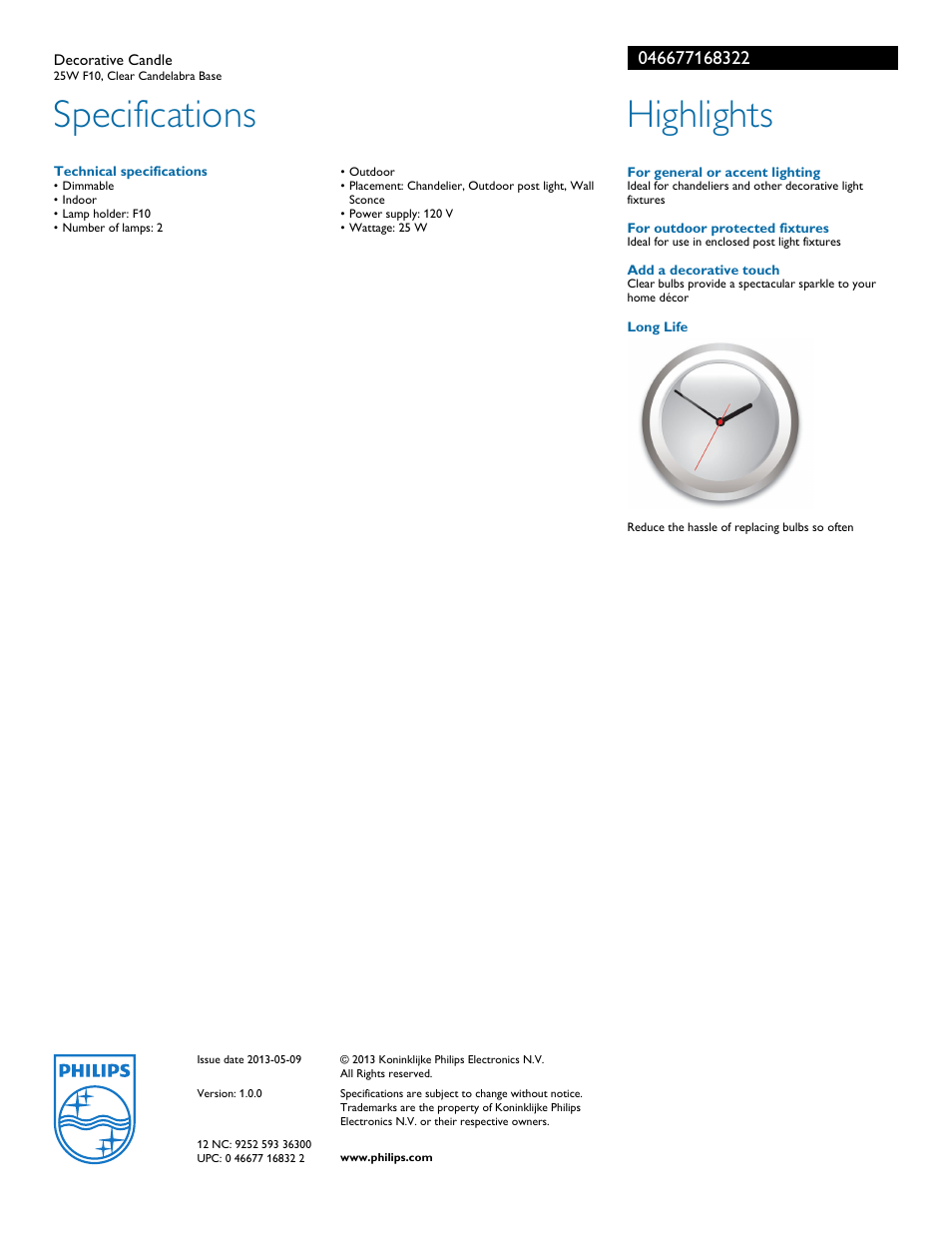 Specifications, Highlights | Philips 046677168322 User Manual | Page 2 / 2