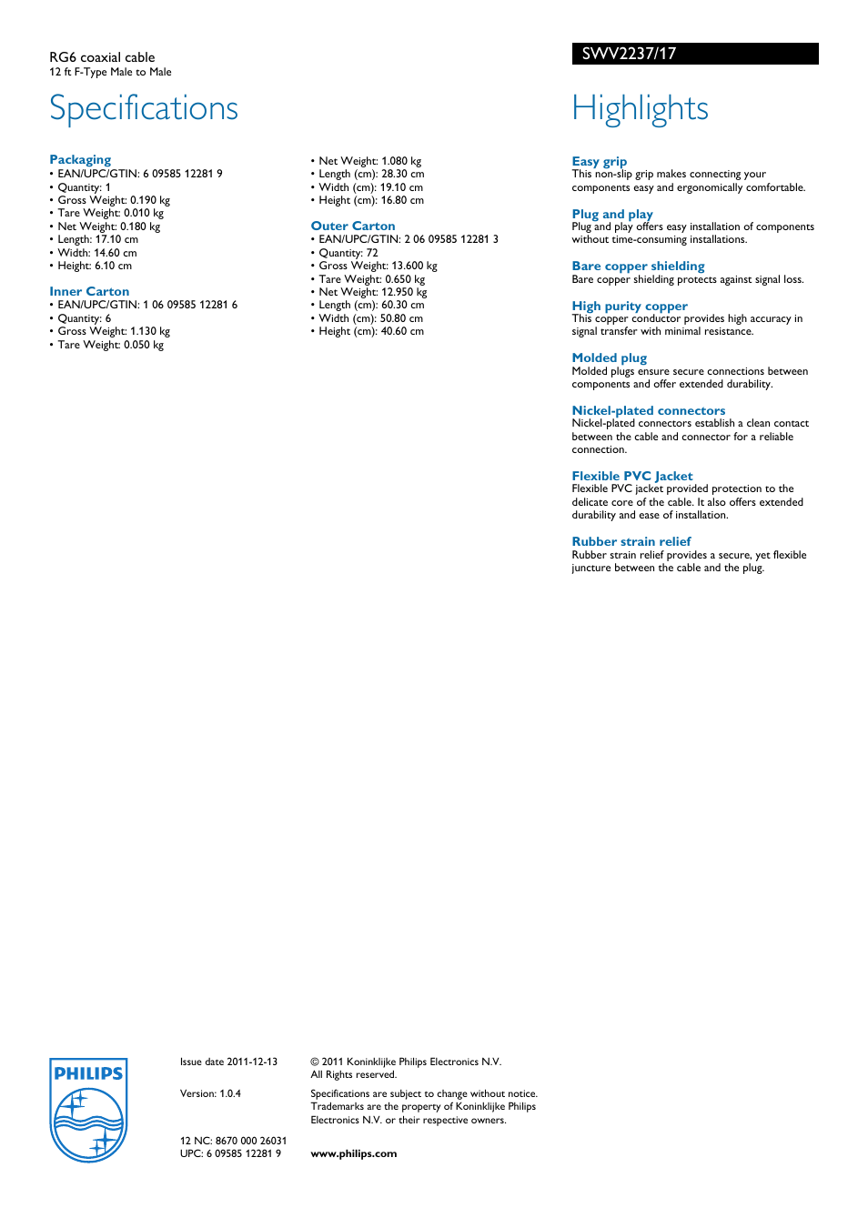 Specifications, Highlights | Philips SWV2237-17 User Manual | Page 2 / 2