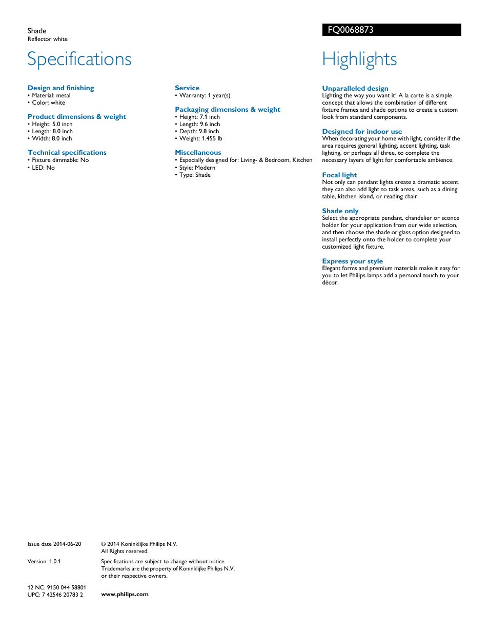 Specifications, Highlights | Philips FQ0068873 User Manual | Page 2 / 2