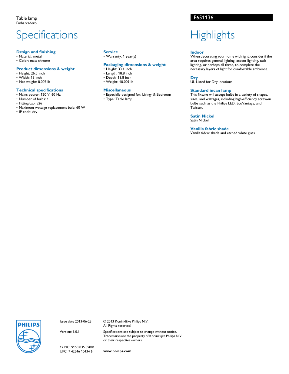 Specifications, Highlights | Philips F651136 User Manual | Page 2 / 2