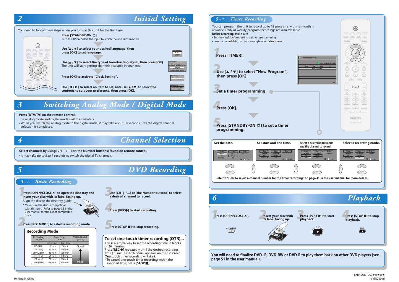5dvd recording, 2initial setting, 3switching analog mode / digital mode | 4channel selection, 6playback, Basic recording | Philips DVDR3506-37B User Manual | Page 2 / 2