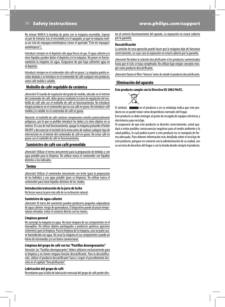 Molinillo de café regulable de cerámica, Suministro de café con café premolido, Termo | Eliminación del aparato | Philips HD8930-05 User Manual | Page 10 / 64