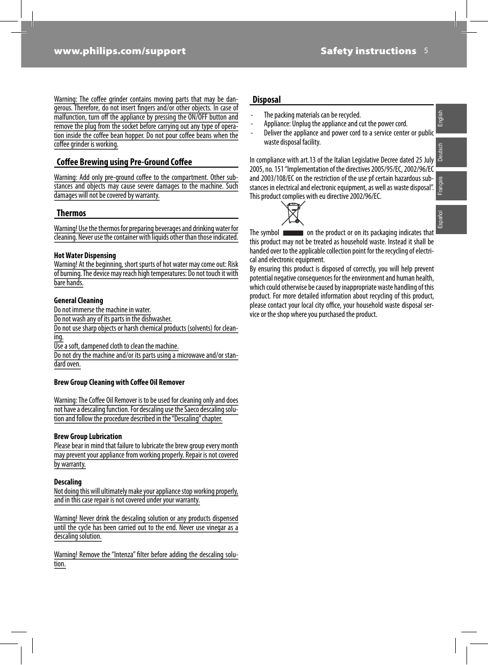 Coff ee brewing using pre-ground coff ee, Thermos, Disposal | Philips HD8930-05 User Manual | Page 5 / 64