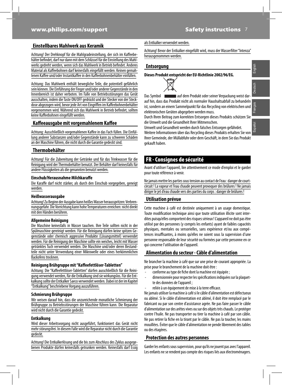 Fr - consignes de sécurité, Kaff eeausgabe mit vorgemahlenem kaff ee, Thermobehälter | Entsorgung, Utilisation prévue, Alimentation du secteur - câble d’alimentation, Protection des autres personnes | Philips HD8930-05 User Manual | Page 7 / 64