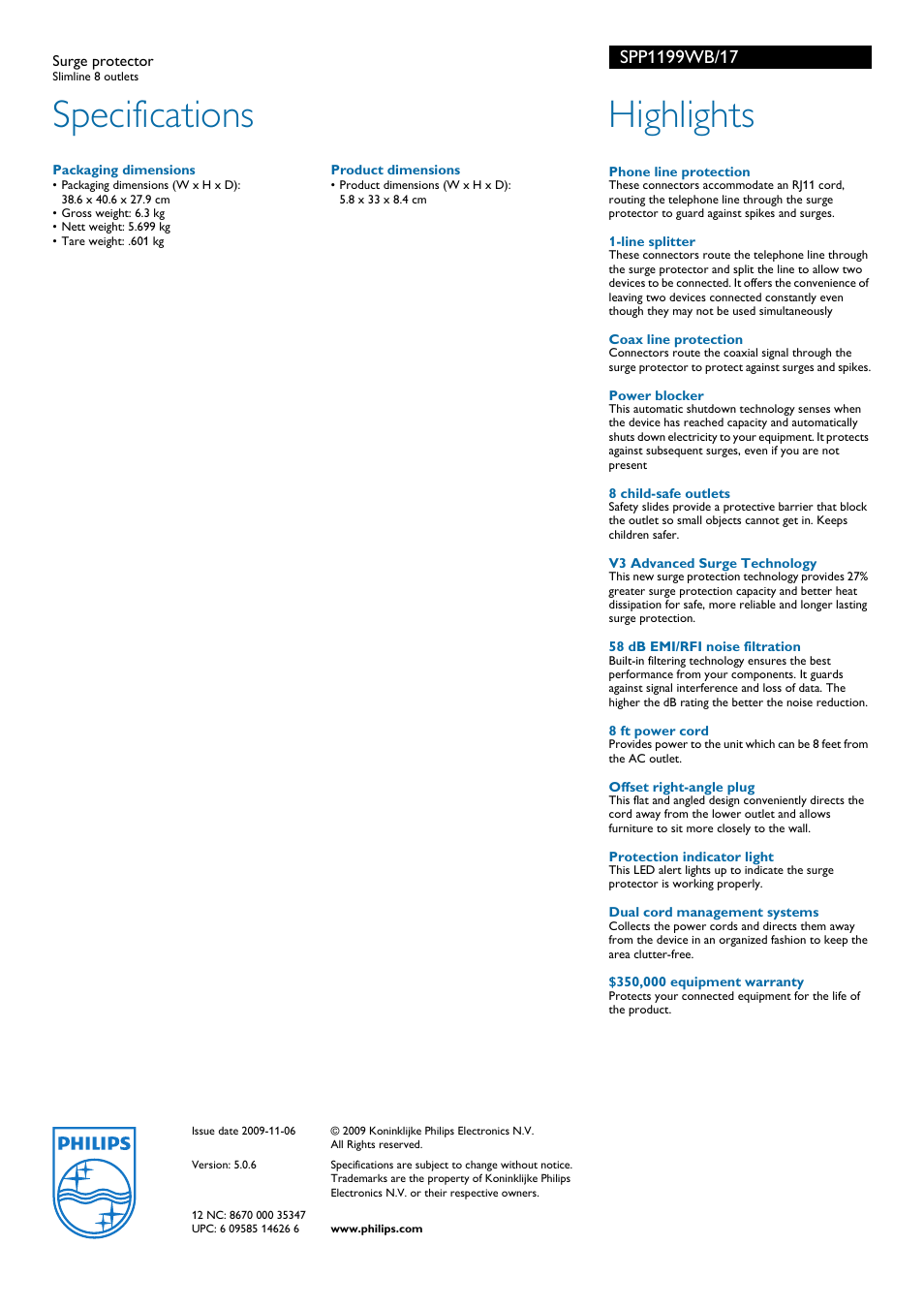 Specifications, Highlights | Philips SPP1199WB-17 User Manual | Page 2 / 2