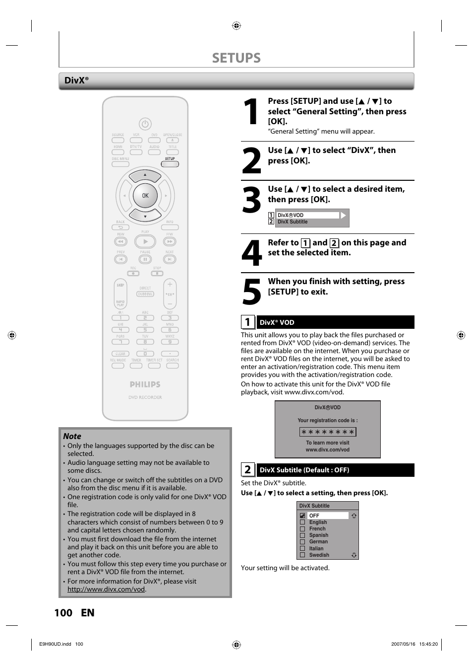 Setups | Philips DVDR3545V-37 User Manual | Page 100 / 116