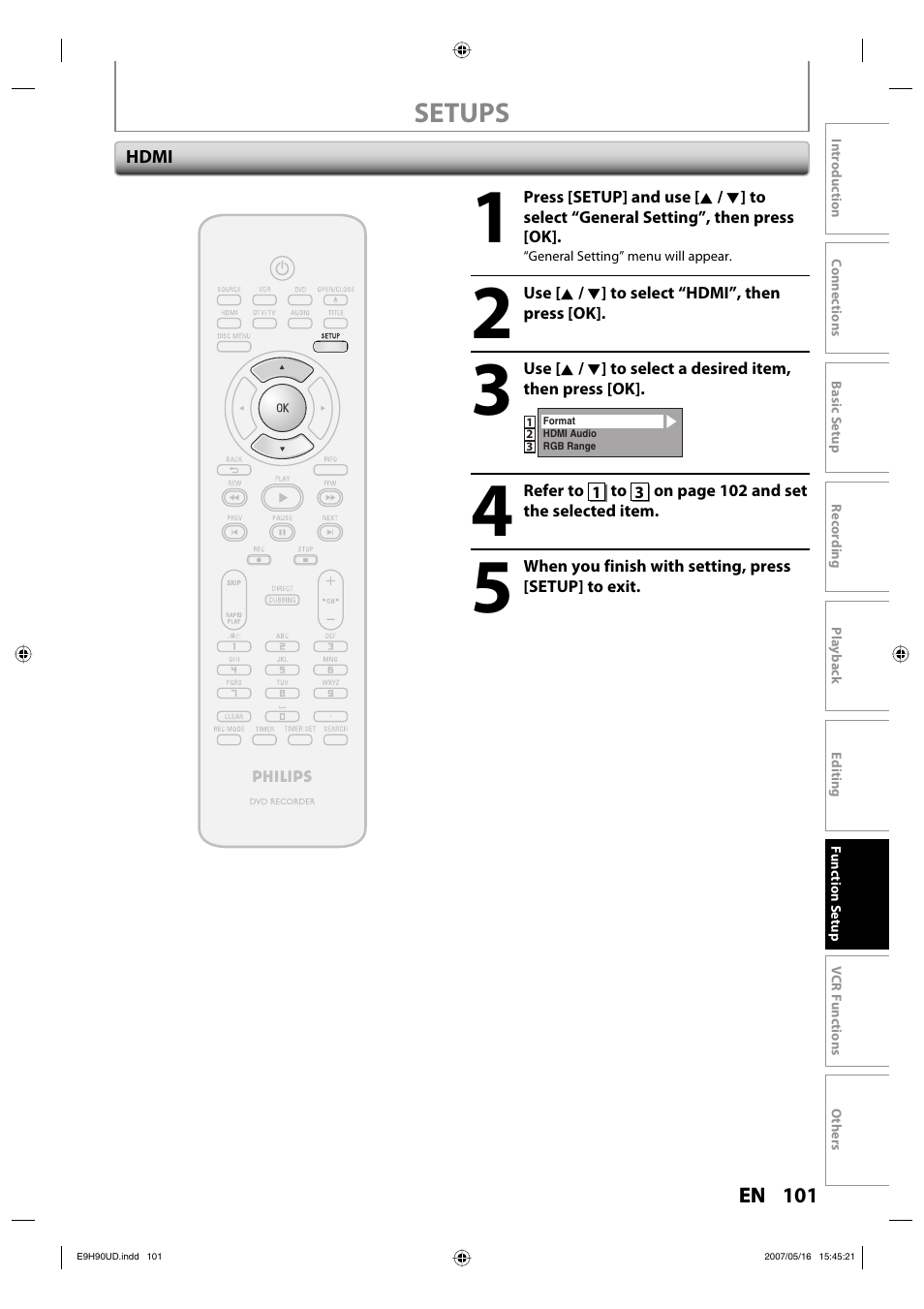 Setups | Philips DVDR3545V-37 User Manual | Page 101 / 116