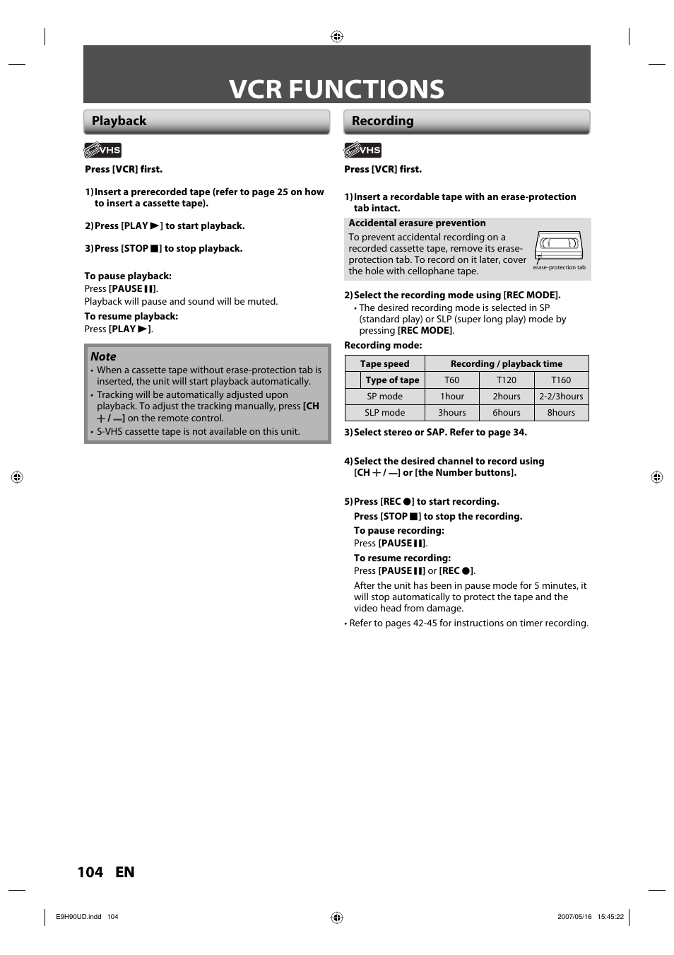 Vcr functions, 104 en, Playback recording | Philips DVDR3545V-37 User Manual | Page 104 / 116