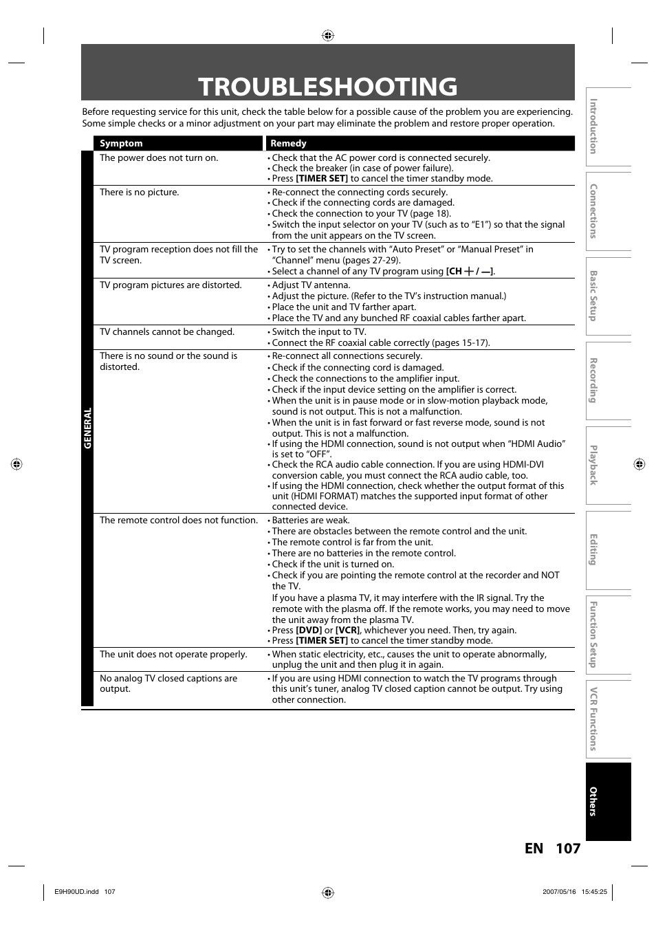 Troubleshooting, 107 en | Philips DVDR3545V-37 User Manual | Page 107 / 116